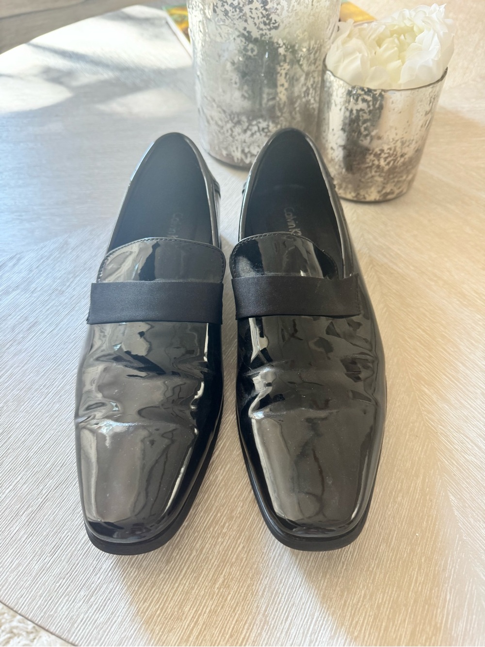 Calvin Klein Men's Black Patent Slip-On Loafers with Elastic Vamp